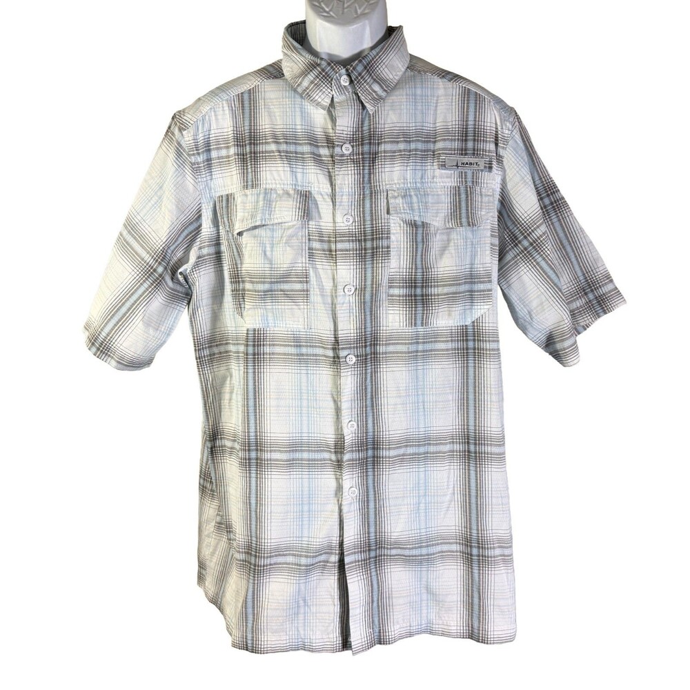 HABIT Men's Short Sleeve‎ Button Down Vented Fishing Shirt White Gray Large